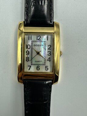 Gossip Tank Watch Women Gold Tone Black Leather Band New Battery 9"